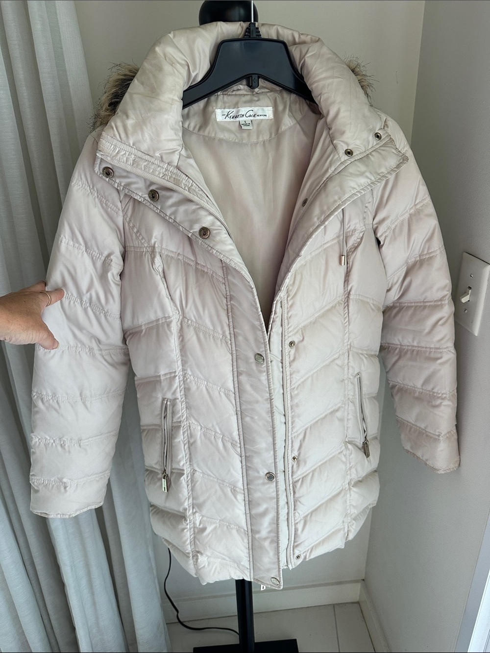 Karen Scott Light Cream Quilted Puffer Coat with Faux Fur Hood